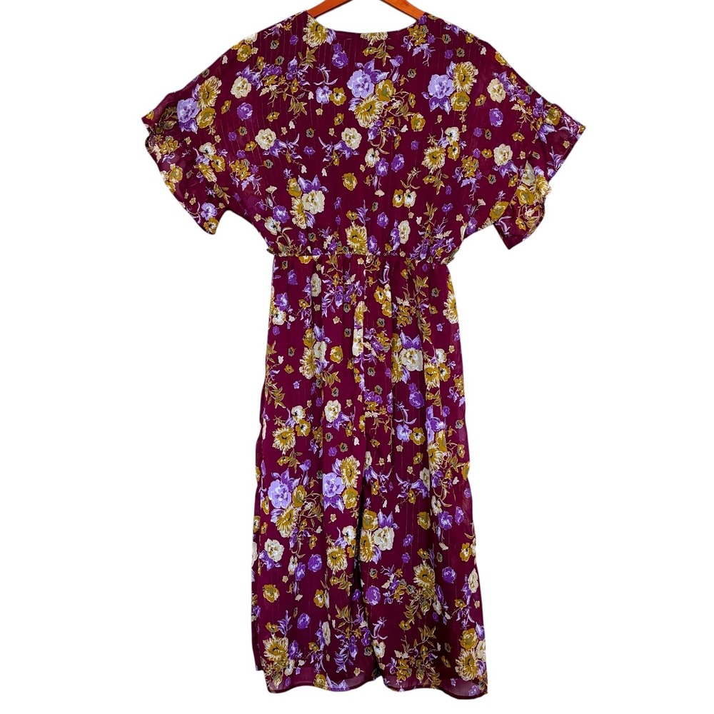Collective Concepts Floral Chiffon Midi Dress M Flutter Sleeve Lurex Whimsigoth - Picture 4 of 9